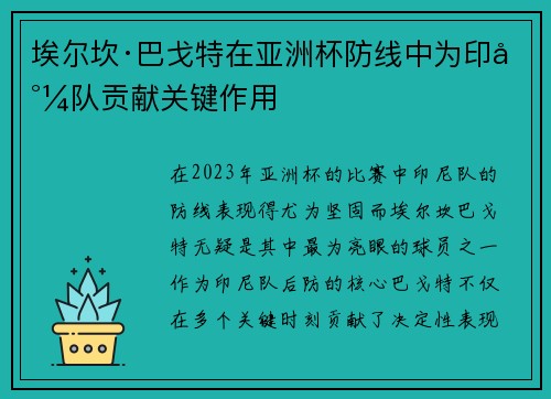 埃尔坎·巴戈特在亚洲杯防线中为印尼队贡献关键作用 埃尔坎·巴戈特在亚洲杯防线中为印尼队贡献关键作用